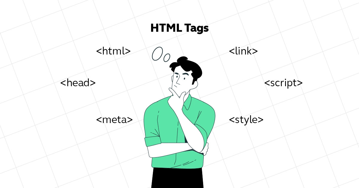 A cartoon man surrounded by HTML tag names looking thoughtful/confused